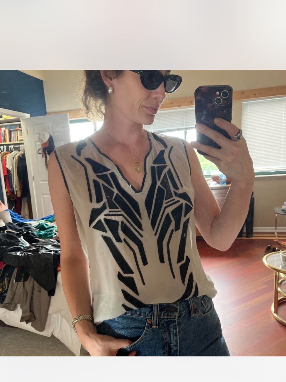 Helmut Lang Large Sleeveless Cream Tank with Black Mixed Material Print